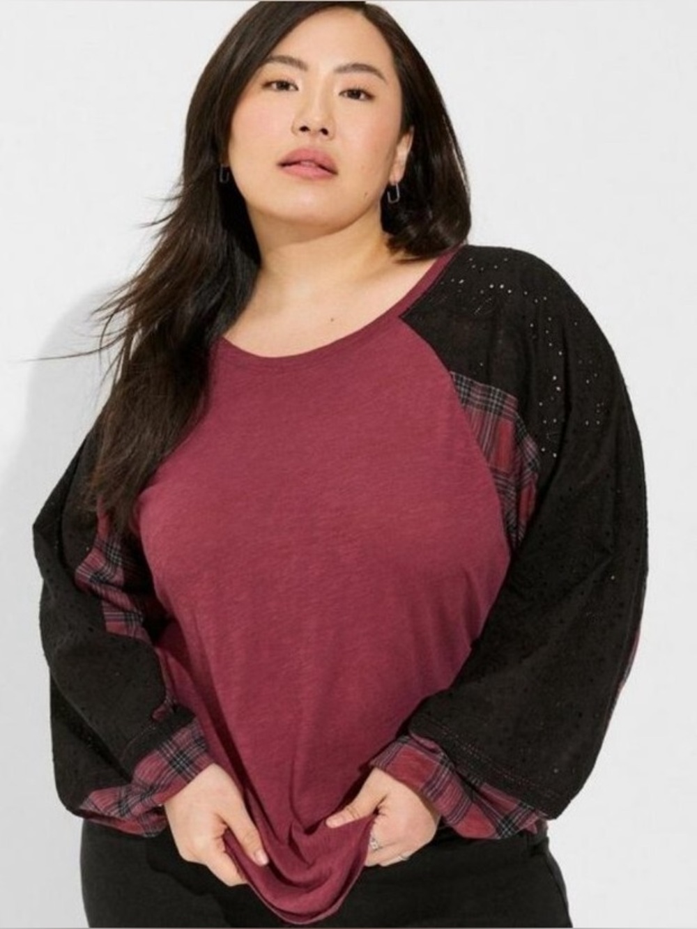 Torrid Cotton Modal Slub Crew Neck Raglan Eyelet Inset Print Mix Top Plus sz 0